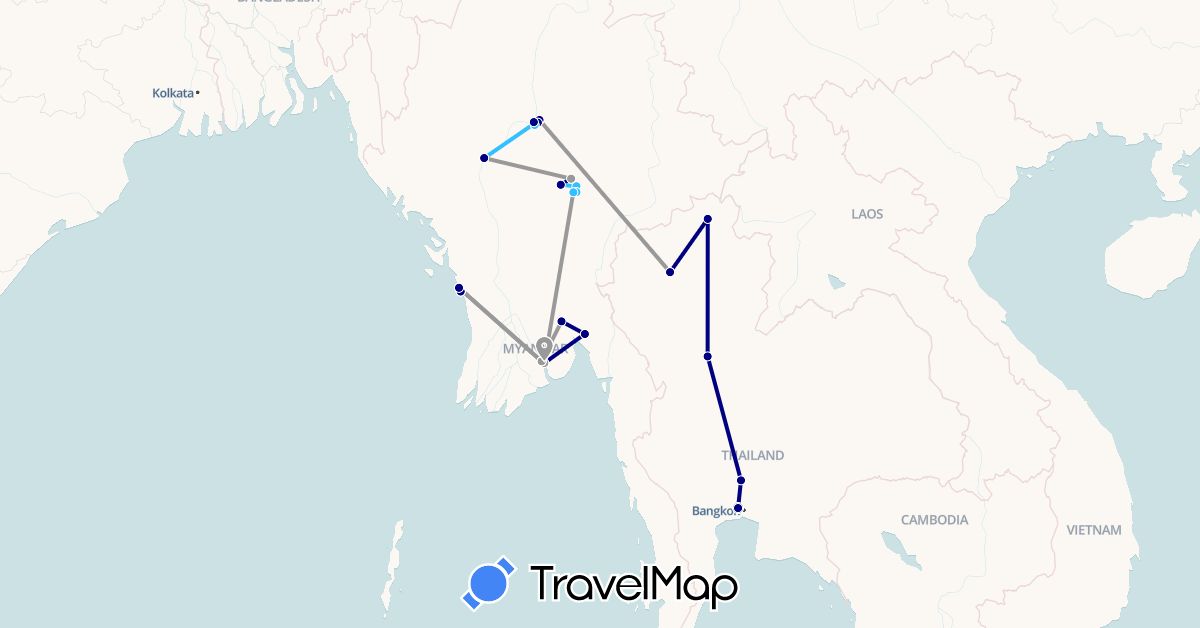 TravelMap itinerary: driving, plane, boat in France, Myanmar (Burma), Thailand (Asia, Europe)